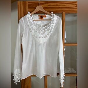 Tory Burch White Cotton pom pom blouse shirt size 4